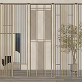 Modern Metal Frame Room Divider In Living Space With Decorative Tree And Sofa