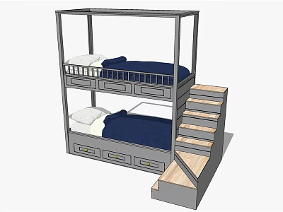 Gray Frame Bunk Bed With Double Deck Drawers And Step Ladder Blue Mattress 3d model