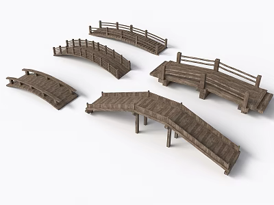 Wooden Landscape Bridge With Different Arch Shapes Railings And Support Posts 3d model