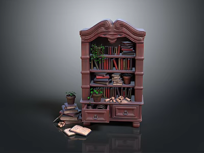 Dark Brown Wooden Bookshelf With Ornate Design Books Potted Plants And Drawers 3d model