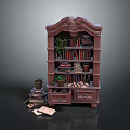 Dark Brown Wooden Bookshelf With Ornate Design Books Potted Plants And Drawers