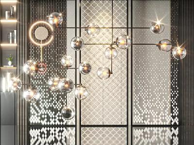 Modern Spherical Chandelier with Multiple Metallic Glass Balls in Contemporary Interior with Geometric Wall 3d model