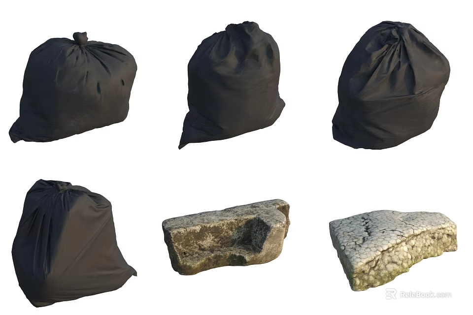 Black Bags And Natural Stones Displayed With Various Shapes And Sizes 3d model 