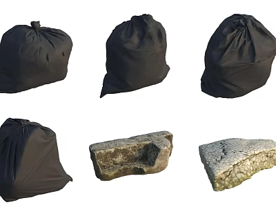 Black Bags And Natural Stones Displayed With Various Shapes And Sizes 3d model