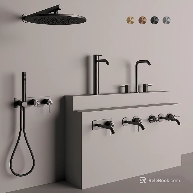 Modern Bathroom With Double Wall Mounted Faucets And Sleek Sink Counter 3d model 