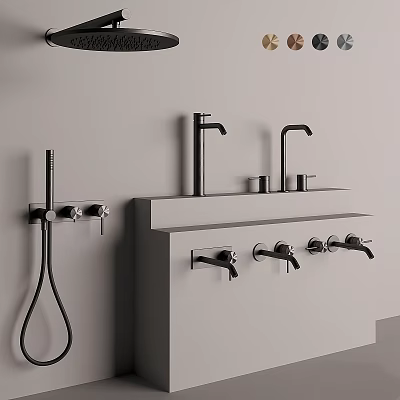 Modern Bathroom With Double Wall Mounted Faucets And Sleek Sink Counter 3d model