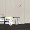 Stylish Minimalist Leisure Chair in Black White with Round Table Floor Lamp and Wooden Floor