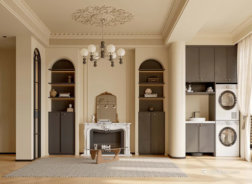 Elegant French Style Living Dining Room With Marble Fireplace Built In Shelves And Vintage Chandelier 3d model 