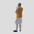 A man wearing orange vest and white outfit with hands pressed together against gray background