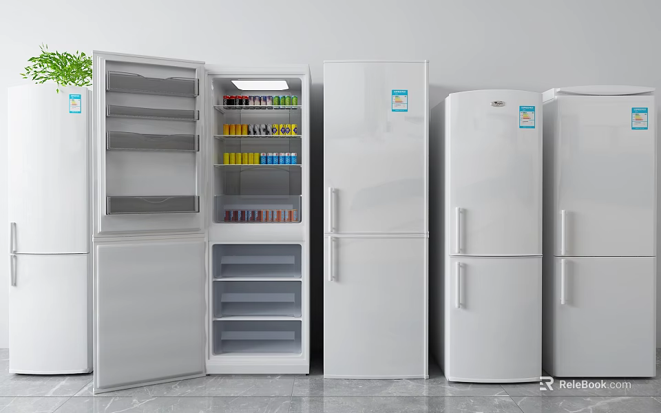 Multiple White Refrigerators With Open Doors Showing Various Beverages Inside 3d model