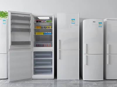 Multiple White Refrigerators With Open Doors Showing Various Beverages Inside 3d model