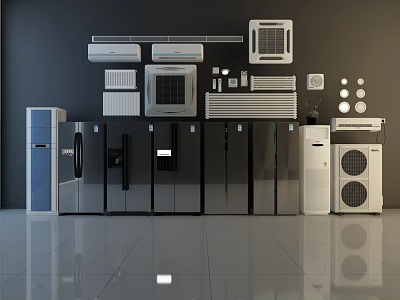 Modern Display of Various Air Conditioners and Fans Including Wall Mounted Window and Floor Units 3d model