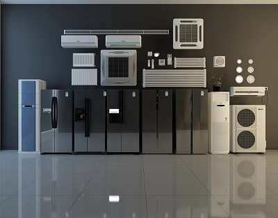 Modern Display of Various Air Conditioners and Fans Including Wall Mounted Window and Floor Units 3d model