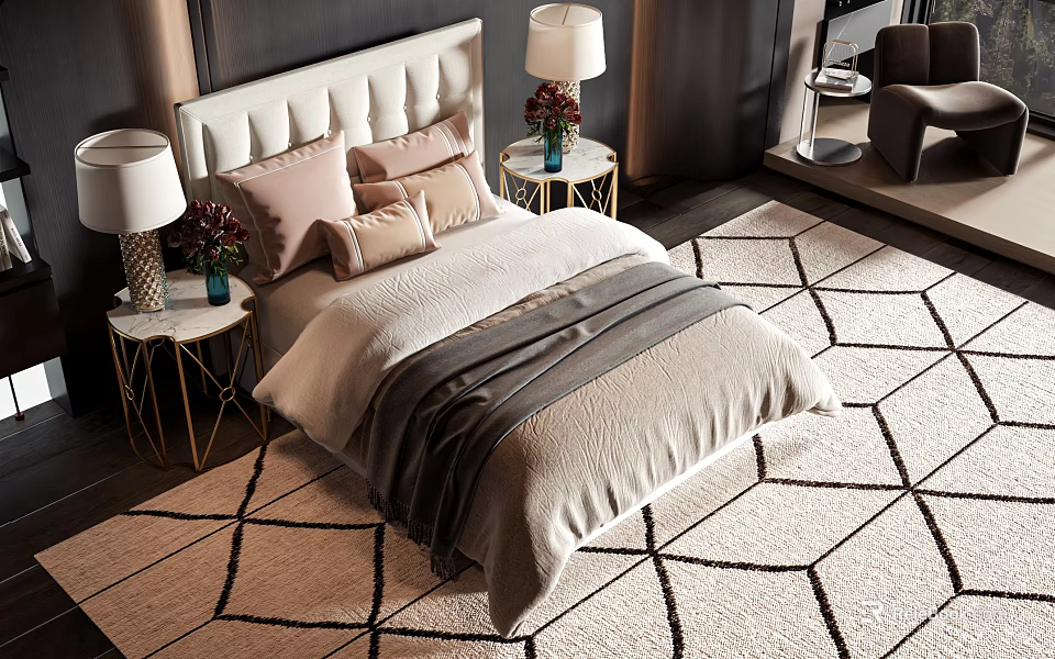 Modern Double Bed With Upholstered Headboard Soft Pillows Nightstands Lamps And Geometric Rug 3d model 