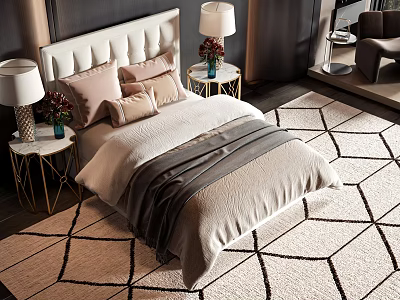 Modern Double Bed With Upholstered Headboard Soft Pillows Nightstands Lamps And Geometric Rug 3d model