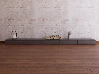 Dark Modern TV Stand Featuring White Lantern Firewood Gray Sculpture On Textured Wall Wooden Floor 3d model