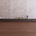 Dark Modern TV Stand Featuring White Lantern Firewood Gray Sculpture On Textured Wall Wooden Floor