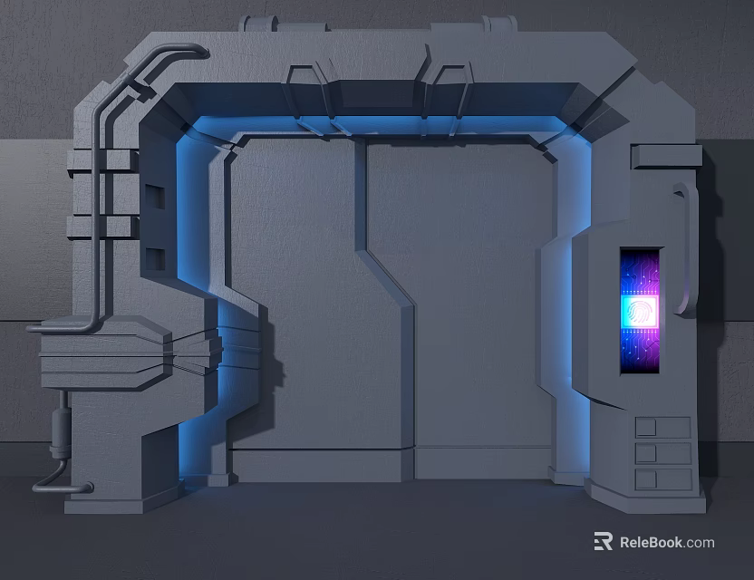 Futuristic Sci Fi Door Design With Blue Lights And Control Panel 3d model