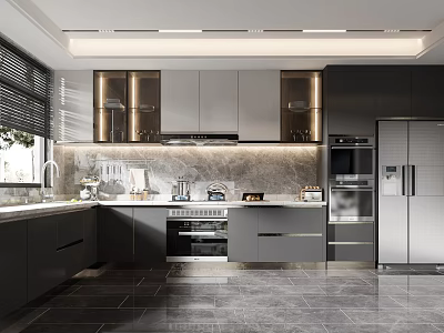 Modern Kitchen Interior With Black Cabinets Marble Countertop And Stainless Steel Appliances 3d model