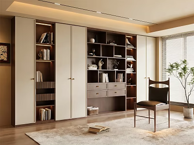 Modern Bookcase Interior Design With Shelves Drawers Chair And Plant Rug 3d model