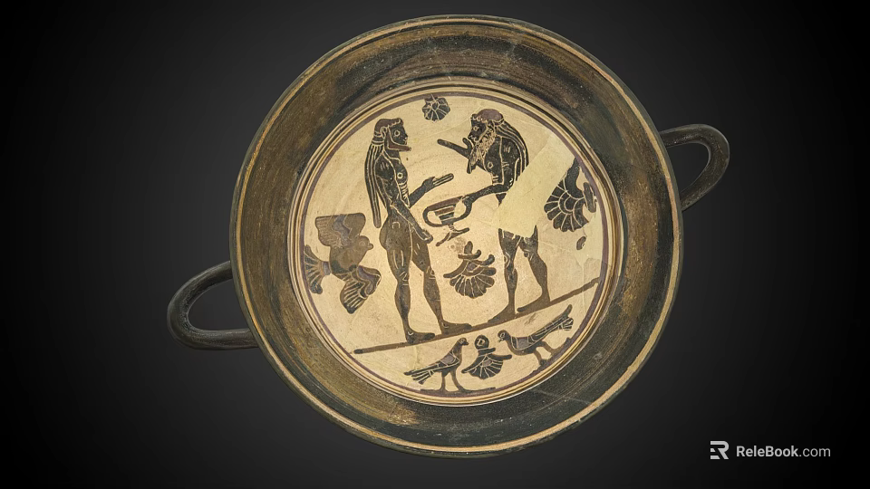 Ancient Two Handled Bowl Traditional Household Item with Figural Motifs Floral Decorations Bird Elements 3d model 
