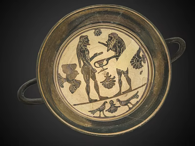 Ancient Two Handled Bowl Traditional Household Item with Figural Motifs Floral Decorations Bird Elements 3d model