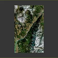 3D Terrain Landscape Featuring Mountains Green Vegetation River And Snowy Areas