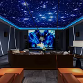 Home Theater Room With Starry Sky Ceiling Large Projection Screen And Comfortable Sofa 3d model