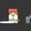 Marlboro Cigarette Pack Ashtray And Lighter Displayed On Black Reflective Surface 3d model