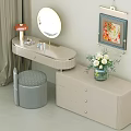 Elegant Dressing Table with Round Mirror Padded Stool Cosmetics Drawer Cabinet and Framed Painting