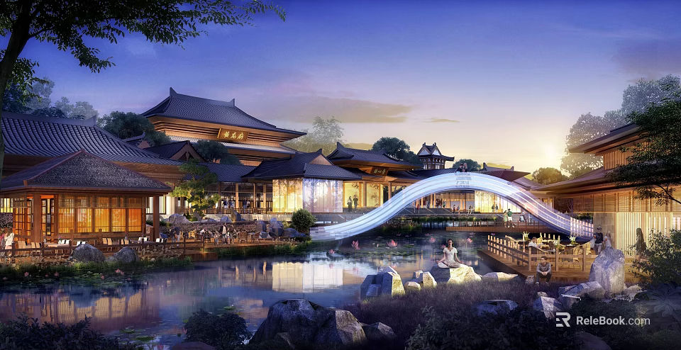 Traditional Chinese Hotel Building With Illuminated Arch Bridge Pond And Natural Surroundings At Night 3d model 