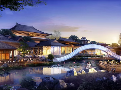 Traditional Chinese Hotel Building With Illuminated Arch Bridge Pond And Natural Surroundings At Night 3d model