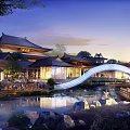 Traditional Chinese Hotel Building With Illuminated Arch Bridge Pond And Natural Surroundings At Night
