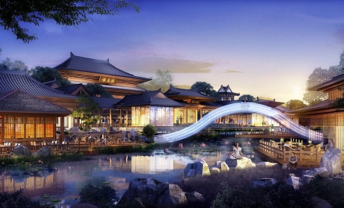 Chinese Hotel Architecture Hot Spring Resort 3d model