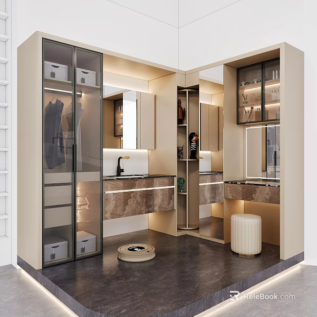 Modern Bathroom Interior With Glass Door Cabinets Marble Countertop And Mirrors 3d model 