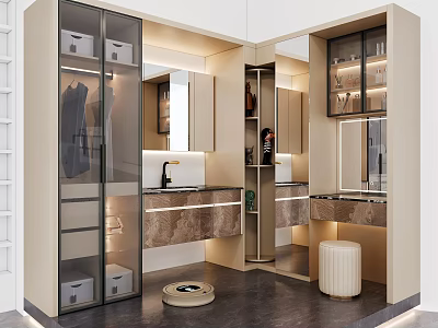 Modern Bathroom Interior With Glass Door Cabinets Marble Countertop And Mirrors 3d model