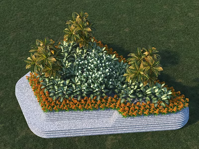 Roadside Landscaping Facilities With Various Green Plants Orange Flowers And Gray Stone Border 3d model
