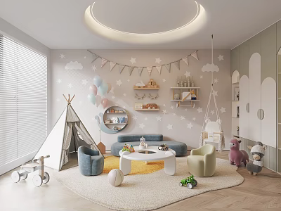 Kids Playroom Interior With Teepee Tent Balloons Swing Stuffed Animals Cloud Decorations And Round Light 3d model
