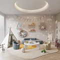 Kids Playroom Interior With Teepee Tent Balloons Swing Stuffed Animals Cloud Decorations And Round Light