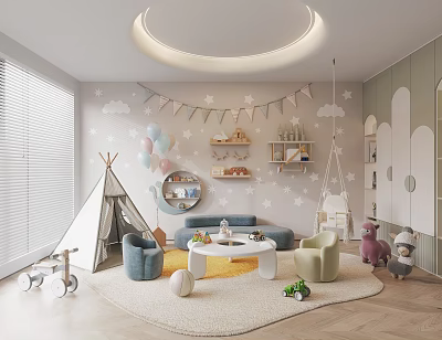 Kids Playroom Interior With Teepee Tent Balloons Swing Stuffed Animals Cloud Decorations And Round Light 3d model