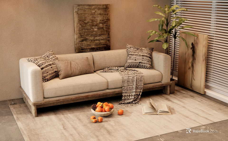 Two Seater Beige Sofa With Patterned Cushions Knitted Throw Green Plant And Decorative Rug 3d model 