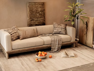 Two Seater Beige Sofa With Patterned Cushions Knitted Throw Green Plant And Decorative Rug 3d model
