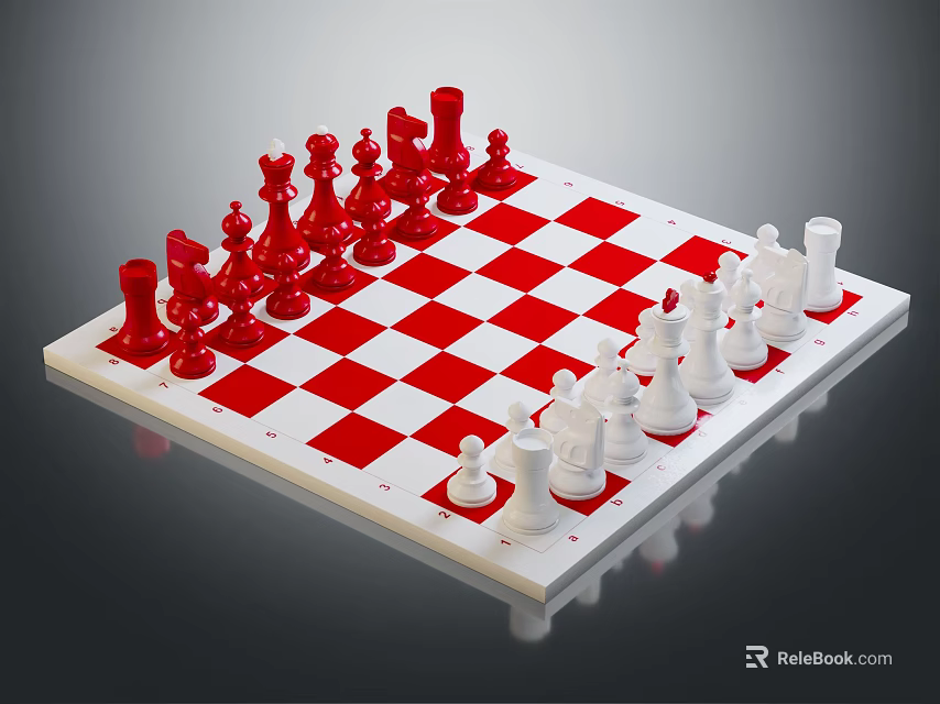 Classic Chess Entertainment With Red And White Chessboard And Neatly Arranged Chess Pieces 3d model 