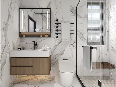 Marble Bathroom Interior With Vanity Mirror Wooden Cabinets Toilet And Glass Shower 3d model
