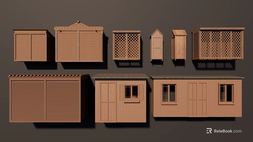 Wooden Garden Storage Sheds With Various Designs Including Doors Windows And Lattice Panels 3d model 