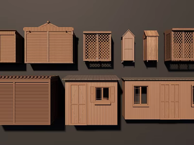 Wooden Garden Storage Sheds With Various Designs Including Doors Windows And Lattice Panels 3d model