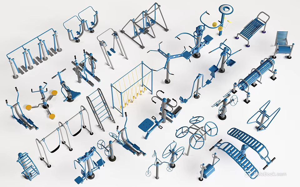 Public Outdoor Fitness Equipment With Various Blue Steel Exercise Tools For Community 3d model 