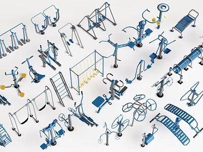 Public Outdoor Fitness Equipment With Various Blue Steel Exercise Tools For Community 3d model