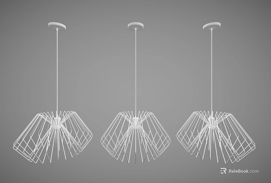 Three Modern White Geometric Pendant Lights with Linear Wire Frame Design 3d model