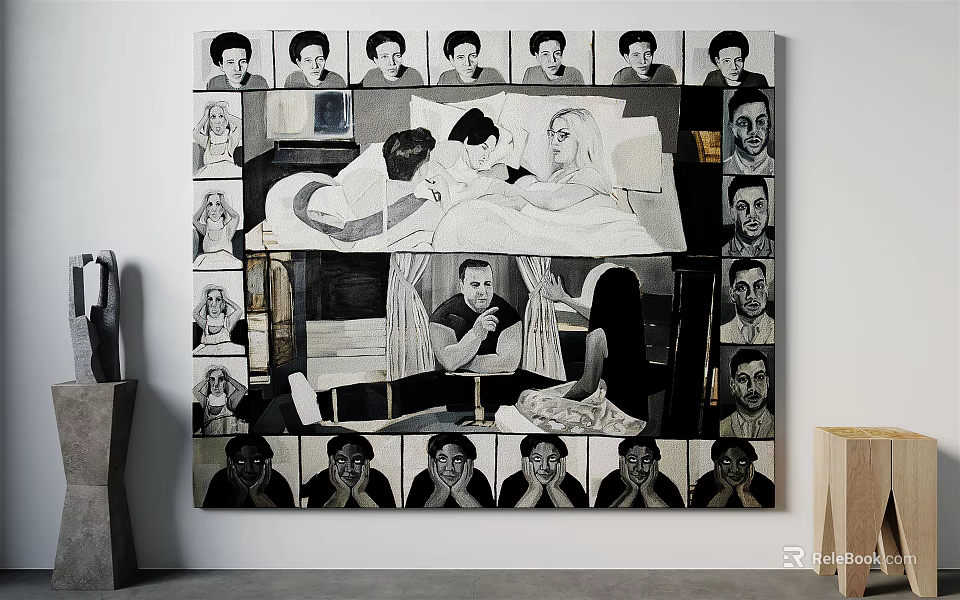 Large Black And White Art Painting With Central Figures And Surrounding Portrait Heads On Wall 3d model 